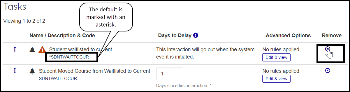 The Automation Tasks page showing the default interaction being removed