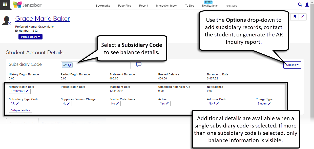 Student account details page, single subsidiary code details.