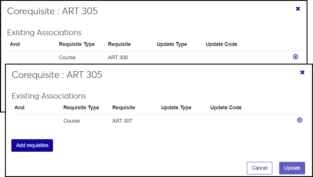 Associations pop-ups for each definition of Art 305. Definition 1 has Art 306. Definition 2 has Art 307.