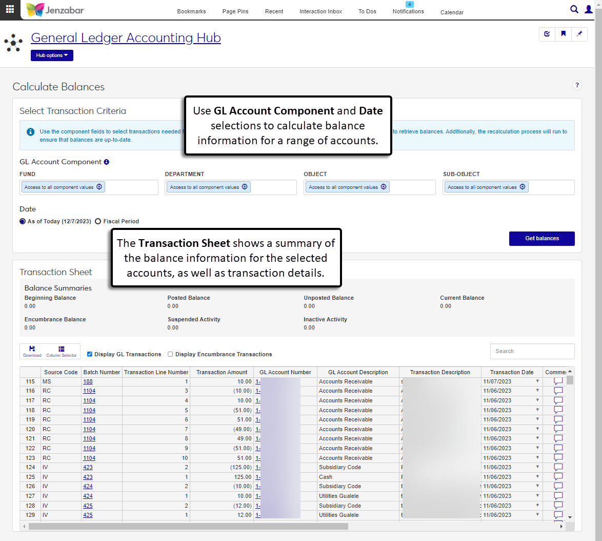 Calculate Balances page with transaction details and balance summaries shown through today's date.