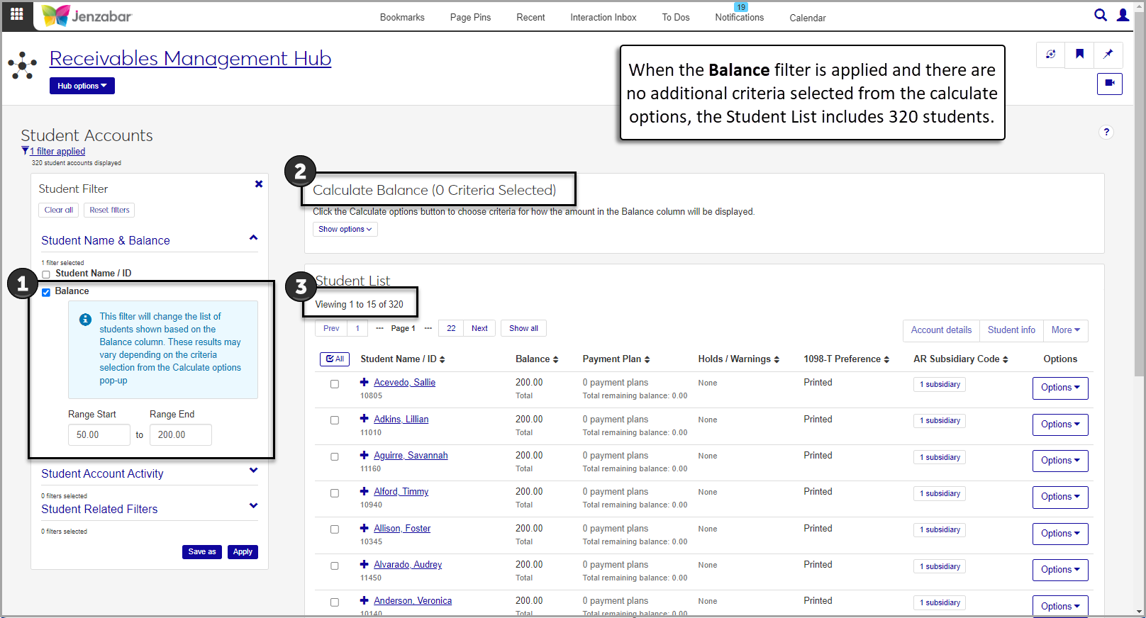 Student Account list page with the Balance filter applied and no additional criteria used to calculate the balance. 320 students are in the list.