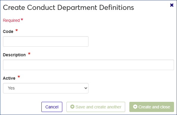 Create Conduct Department Definitions window