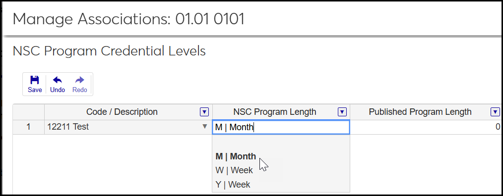 CIP Definitions page showing the Manage Associations pop-up for NSC Program Credential Levels