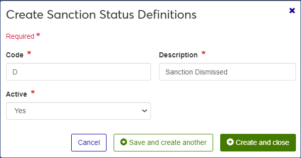 Create Sanction Status Definitions window