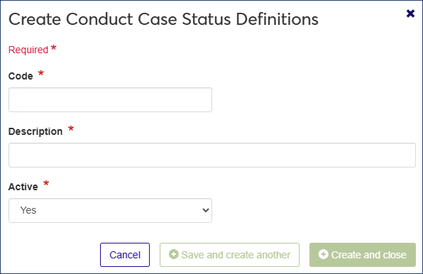 Create Conduct Case Status Definitions window