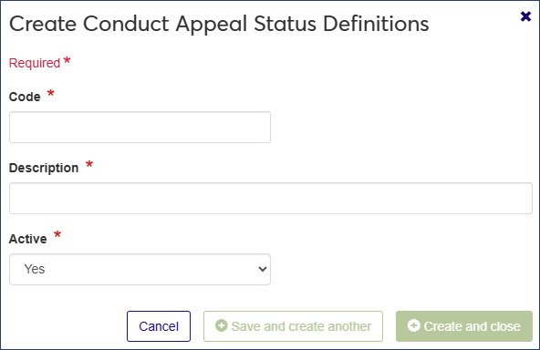 Create Conduct Appeal Status Definitions window
