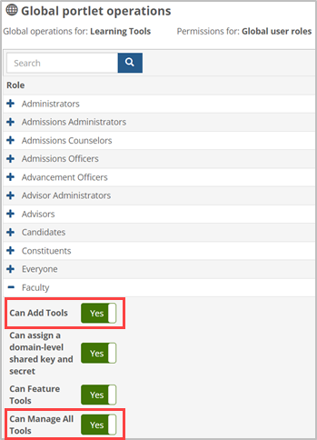 Global portlet operations screen showing Faculty features.