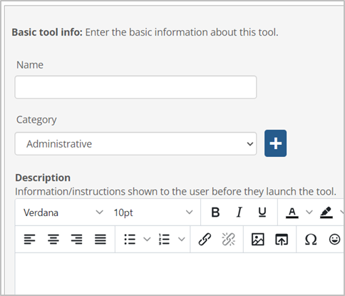 Basic tool info section showing Name, Category, and Description fields.