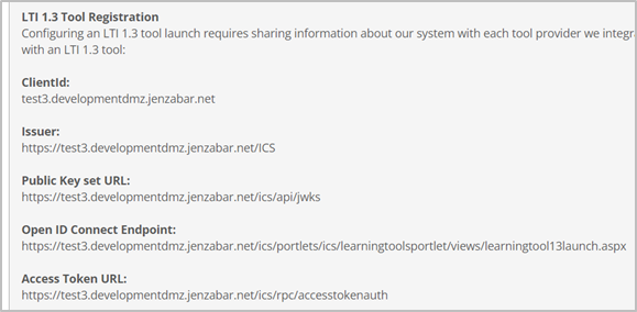 LTI 1.3 Tool Registration fields displaying information.