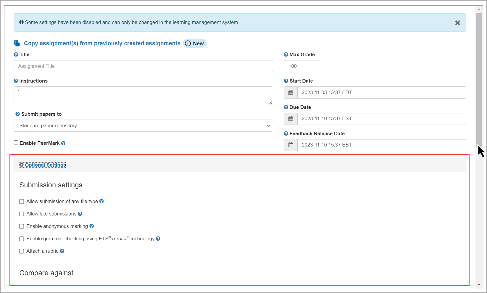 Optional Settings section for a Deep-linking assignment